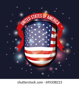color dark blue background with brightness of shield decorative shape flag united states of america with label tape vector illustration