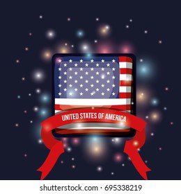color dark blue background with brightness of square shape flag united states of america with label tape vector illustration