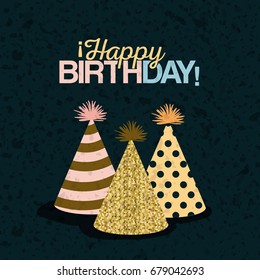 color dark green background with paint stains and set party hats with text happy birthday vector illustration