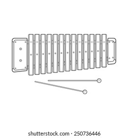 color dark outline vector wood xylophone with sticks on white background technical illustration