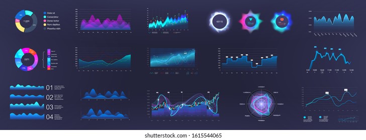 Color dashboard and infographics elements. UI, UX, KIT Admin panel interface with color graphics, charts, infographics and diagrams. Vector illustration. 