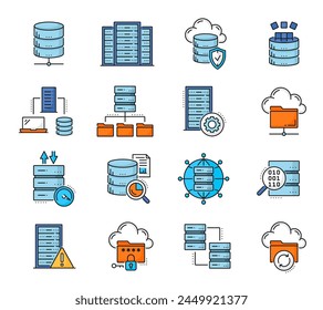 Color database network server and cloud storage icons, internet technology vector line symbols. Data backup storage icons, transfer, encryption and server secure access protection by password