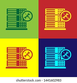 Color Database server with screwdriver and wrench icon isolated on color background. Adjusting, service, setting, maintenance, repair, fixing.  Vector Illustration