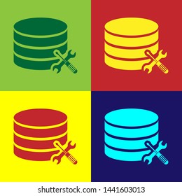 Color Database server with screwdriver and wrench icon isolated on color background. Adjusting, service, setting, maintenance, repair, fixing.  Vector Illustration