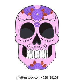 Color day of the dead sugar skull with ornament. Vector illustration. Isolated white background.