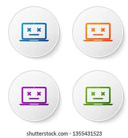 Color Dead laptop icon isolated on white background. 404 error like laptop with dead emoji. Fatal error in pc system. Set color icon in circle buttons. Vector Illustration