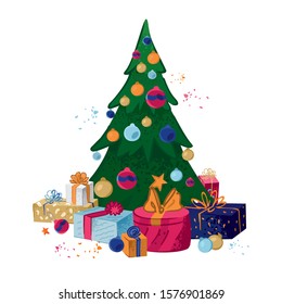 Color decorated christmas tree with gift boxes, star, decoration balls hand drawn in flat style on white background. Merry Christmas banner. New year`s poster, card. Cute cartoon vector illustration.
