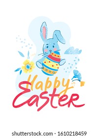 Color decorative cartoon banner with rabbit, egg, flowers and phrasehappy Easter hand drawn on a white background. Poster, card, greeting for the spring religious holiday. Cute vector illustration.