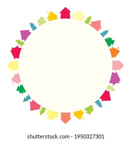 color decorative circle frame, houses and trees, conceptual vector illustration, template, banner,