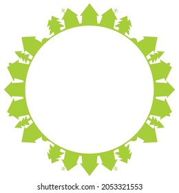 color decorative circle frame, houses and trees, conceptual vector illustration, green color