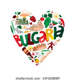 Color decorative heart with elements and the word Bulgaria in the center drawn in a flat style on a white background. Sights and symbols for guidebooks, souvenirs, cards. Cartoon vector illustration.