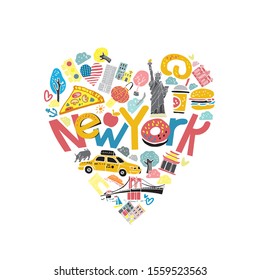 Color decorative heart with the symbols of New York and the words New York in the center. Tourist emblem for guides, promo, poster hand drawn on white background. Cute cartoon vector illustration.