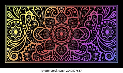 Color decorative panel with circular pattern in form of mandala with flower for decoration or print. Decorative ornament in ethnic oriental style. Rainbow design on black background.