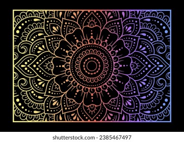 Color decorative panel with circular pattern in form of mandala with flower for decoration or print. Decorative ornament in ethnic oriental style. Rainbow design on black background.