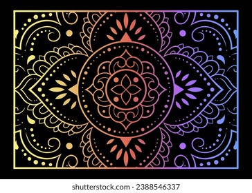 Color decorative panel with circular pattern in form of mandala with flower for decoration or print. Decorative ornament in ethnic oriental style. Rainbow design on black background.