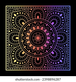 Color decorative panel with circular pattern in form of mandala with flower for decoration or print. Decorative ornament in ethnic oriental style. Rainbow design on black background.