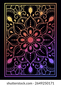 Color decorative panel with circular pattern in form of mandala with flower for decoration or print. Decorative ornament in ethnic oriental style. Rainbow design on black background.