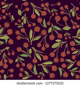 Color decorative pattern of cherries. Pattern of cherries on a dark background. Berry pattern with leaves on background. Cherries with leaves on background