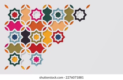 Color decorative patterned stone relief in Arabic architectural style of Islamic mosque, greeting card for Ramadan Kareem. - Vector.