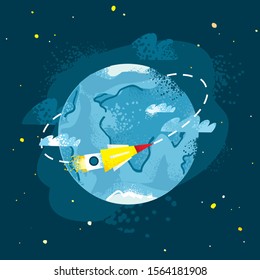 Color decorative planet earth in space with a rocket  hand drawn in a modern flat style. Concept of space flight and travel. Banner space adventure for parties,  holidays for kids. Vector illustration