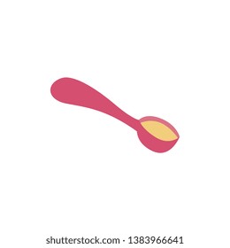 Color deep spoon filled with yellow food in flat style, vector illustration isolated on white background. Pink cutlery tool for kids feeding with baby formula or puree or porridge