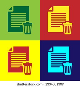 Color Delete file document icon isolated on color backgrounds. Paper sheet with recycle bin sign. Rejected document icon. Cross on paper. Flat design. Vector Illustration