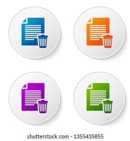 Color Delete file document icon isolated on white background. Paper sheet with recycle bin sign. Rejected document icon. Cross on paper. Set color icon in circle buttons. Vector Illustration