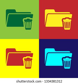 Color Delete folder icon isolated on color backgrounds. Folder with recycle bin. Delete or error folder. Close computer information folder sign. Flat design. Vector Illustration