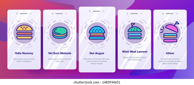 Color Delicious Burger Onboarding Mobile App Page Screen Vector. Unhealthy Restaurant Fast Food Burger Linear Pictograms. Hamburger Fried Meat Among Buns Contour Illustrations