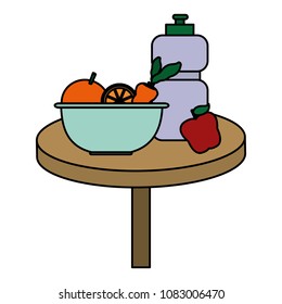 color delicious fruits with vegetable inside bowl and bottle water in the table