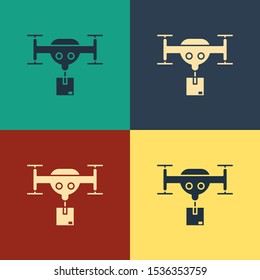 Color Delivery drone with the package icon isolated on color background. Drone delivering cardboard box. Vintage style drawing. Vector Illustration