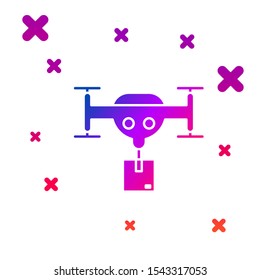 Color Delivery drone with the package icon isolated on white background. Drone delivering cardboard box. Gradient random dynamic shapes. Vector Illustration