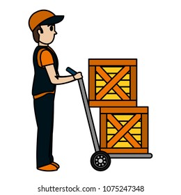 color delivery man with wood boxes in the platform trolleys