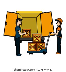 color delivery men with packages and platform trolleys