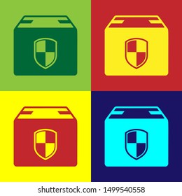 Color Delivery pack security symbol with shield icon isolated on color background. Delivery insurance. Insured cardboard boxes beyond the shield.  Vector Illustration