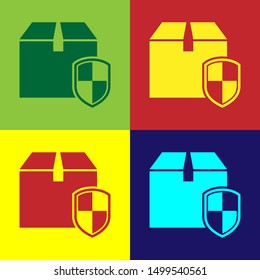 Color Delivery pack security symbol with shield icon isolated on color background. Delivery insurance. Insured cardboard boxes beyond the shield.  Vector Illustration