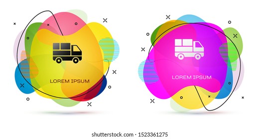 Color Delivery truck with cardboard boxes behind icon isolated on white background. Abstract banner with liquid shapes. Vector Illustration
