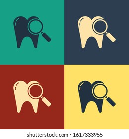Color Dental search icon isolated on color background. Tooth symbol for dentistry clinic or dentist medical center. Vintage style drawing. Vector Illustration