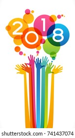 Color design with numeral 2018, speech bubbles, people's hands and circles.  The file is saved in the version 10 EPS. This image contains transparency.