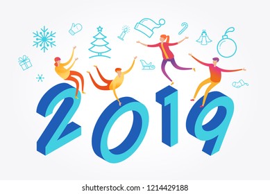 Color design with numeral 2019. People celebrating party.  New Year party with male and female.