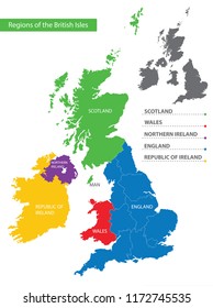 Color detailed map of the regions and countries of the British Isles