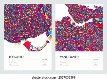 Color Detailed Road Map, Urban Street Plan City Toronto And Vancouver With Colorful Neighborhoods And Districts, Travel Vector Poster