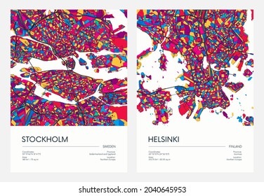 Hoja de ruta detallada en color, ciudad de Estocolmo y Helsinki con barrios y distritos coloridos, afiche de vector de viajes