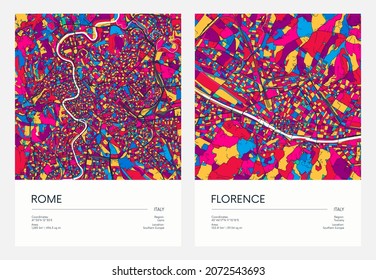 Color detailed road map, urban street plan city Rome and Florence with colorful neighborhoods and districts, Travel vector poster