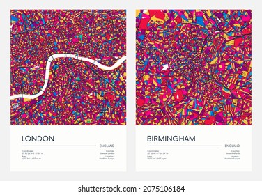 Color Detailed Road Map, Urban Street Plan City London And Birmingham With Colorful Neighborhoods And Districts, Travel Vector Poster