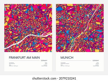 Color detailed road map, urban street plan city Frankfurt am Main and Munich with colorful neighborhoods and districts, Travel vector poster