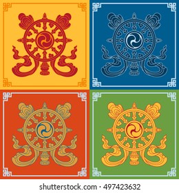 Color Dharma Wheel Dharmachakra Icons. Symbols wisdom & enlightenment. Nepal, Tibet. Buddhism symbols. Vector illustration.