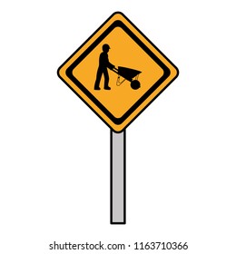 color diamond caution emblem and laborer with wheelbarrow