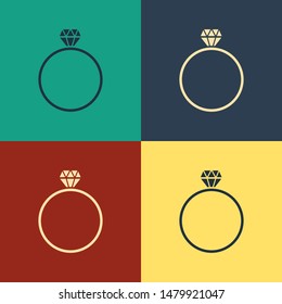 Color Diamond engagement ring icon isolated on color background. Vintage style drawing. Vector Illustration
