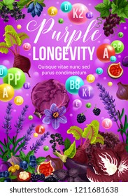 Color diet healthy food, purple fruits and vegetables. Healthy nutrition vitamin ingredients for longevity and health. Vector cabbage, onion and grapes, eggplant, blackberry and blueberry